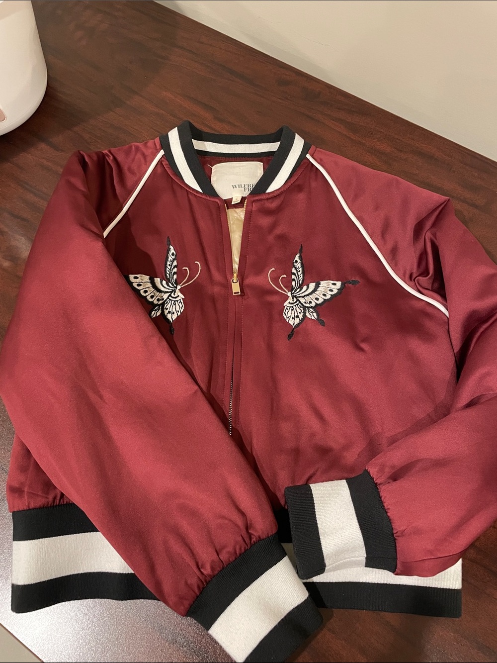 Wilfred Free Burgundy Satin Bomber with Mirror Butterfly Embroidery